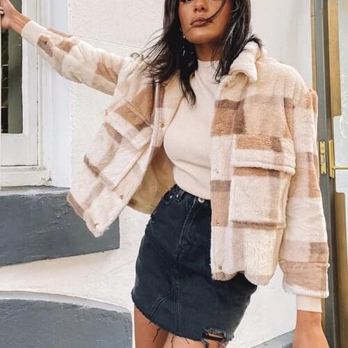 2020 NEW Women Fur Jackets Warm Coats Vintage Stylish Pockets Oversized Plaid Coat Casual Plaid Single-breasted Elegant