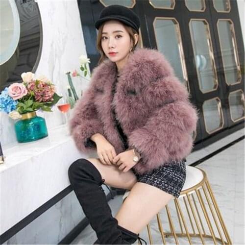 2020 New Winter Womens Fur Coats Ostrich Turkey Fur Outerwear Solid Knitted Female Fur Jackets Long Sleeve Trendy Lady Quality
