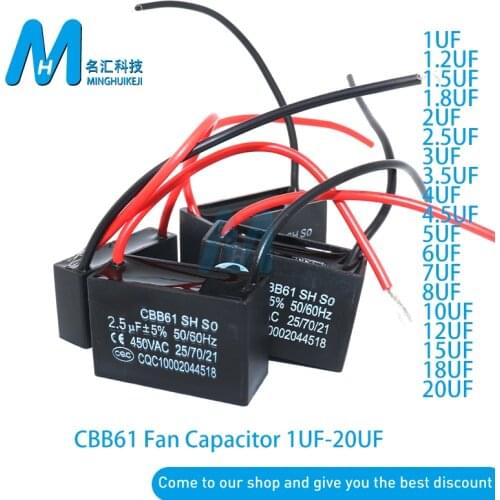NEW CBB61 450V 1uF~20uF 1UF 1.2/1.5/1.8/2/2.5/3/3.5/4/4.5/5/6/7/8/10/12/15/18/20UF Terminal Ceiling AC Fan starting capacitor