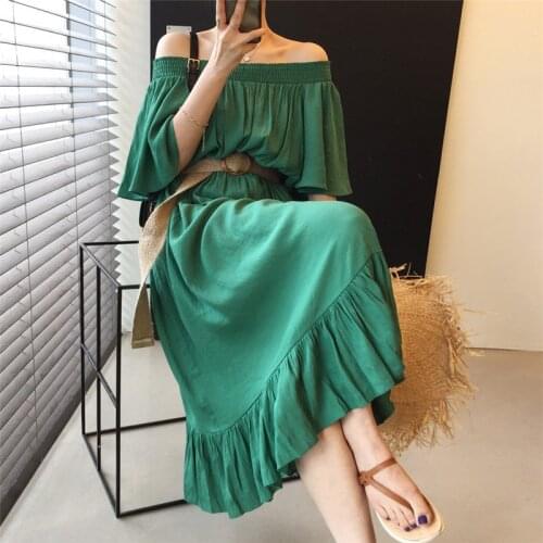 Solid Green Summer Womens Dress One-neck Halter Korean Style Casual Short-sleeved Lace Dresses