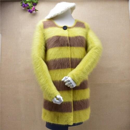 Fashion women Bee stripe coat Long sleeve cardigan round neck Angora rabbit hair sweater knitted mink jacket coats
