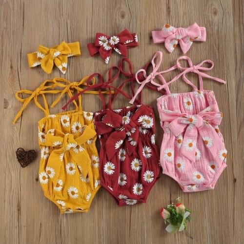 Infant Baby Girls Daisy Floral Printed Outfits Suits Tie Up Spaghetti Straps Bowknot Romper Headband Baby Summer Bodysuits