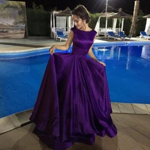 Regency Purple Satin Prom Dresses Scoop Cap Sleeves Simple Backless Formal Gowns Special Occasion vestidos de novia