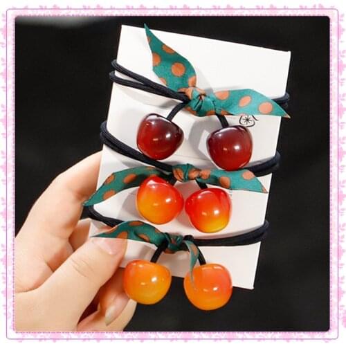 Fashion Rope Scrunchie Ponytail Holder Sweet lovely cherry fruit hair rope Bowknot Elastic Hair Bands Hair Accessories for Women