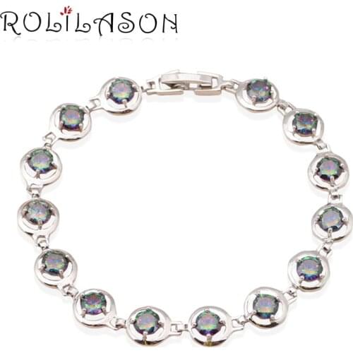 ROLILASON simple regular size round cut Multicolor crystal Zircon silver chain Bracelet for women daily Fashion jewelry TB555