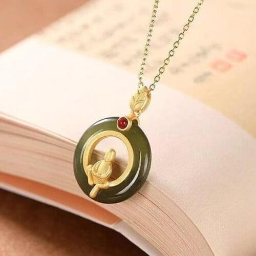 S925 Sterling Silver Gold Plated Peace Buckle Pendant Monk Necklace Natural Hetian Jade Gray Jade Pendant Simple Personality Wo