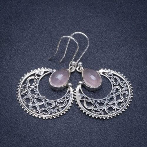 Natural Rose Quartz Handmade Unique Moon 925 Sterling Silver Earrings 1.75" B2884