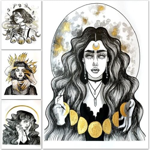 Witch Magic Black Crow Abstract Art Posters And Prints Wicca Moon Phase Wall Art Canvas Painting For Living Room Decoration