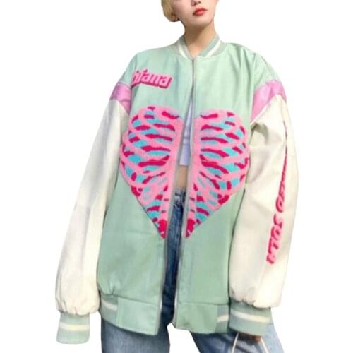 Women Oversized Baseball Jackets Fashion Skeleton Heart Print Long Sleeve Loose Coats