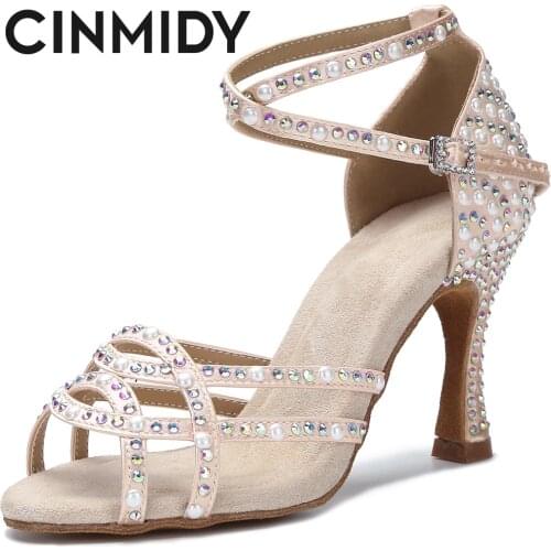 Rhinestone Latin Dance Shoes Women Tango Salsa Ballroom Dance Training Shoes Ladys High Heels Wedding Heels Women Sandals