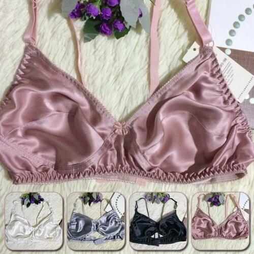 Women Single Layer Satin Silk Bra Ultra-Thin Sexy Push Up Breathable Smooth Comfortable Real Silk Underwear Solid Color Bralette