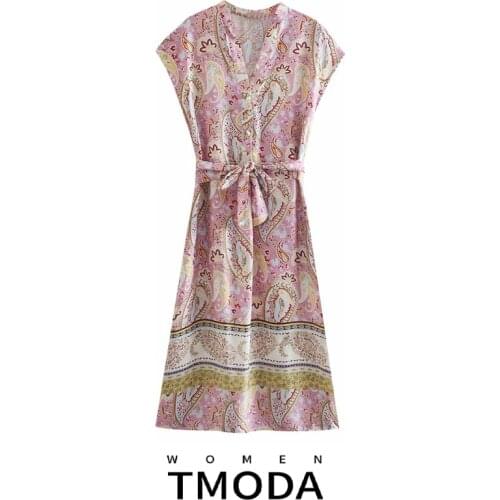 TMODA1591 Za 2021 Summer Women Floral Print Sleeveless Dress With Belt Elegant Lady Midi Dress Feminine Vintage Vestidos Female