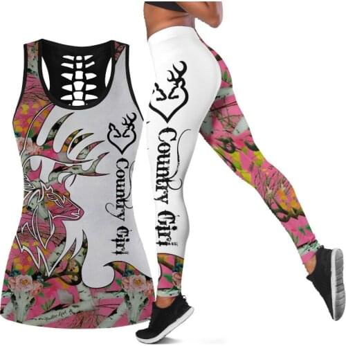 2021 Summer Casual 2 Piece Set Women Pant Sets Sleeveless Crop Top Pant Outfits Country Elk Cirt Letter Deer Print Fitness Suit