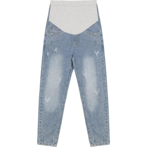 2021 New Vintgae Washed Denim Maternity Jeans for Pregnant Women Clothes Elastic Waist Belly Loose Pants Pregnancy Clothing