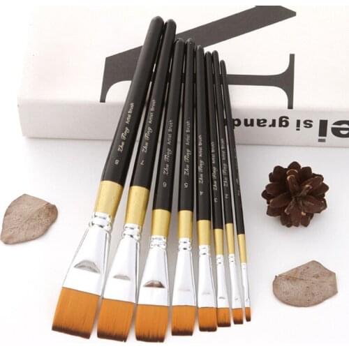 8pcs Watercolor Acrylic Oil Painting Brush Professional Flat Brushes Set Nylon Hair Wooden Handle DIY Art Paint Brushes