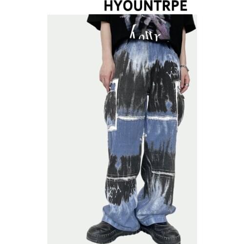 High Stret Graffiti Printed Denim Jean Pants Mens Side Pockets Straight Trouser Hip Hop Streetwear Casual Loose Jeans Joggers