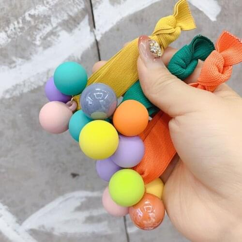 Korean Hair Tie For Girls Candy Color Beads Hair Gums Lovely Balls Ornament Wide Elastic Hair Bands Young Lady Hair Accessories
