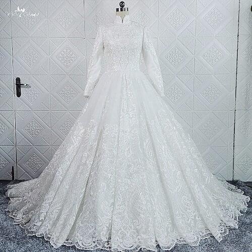 RSW1637 Real Job Pictures High Collar Neckline Long Sleeve Muslim India Pakistan Lace Vestido De Noiva Modesto