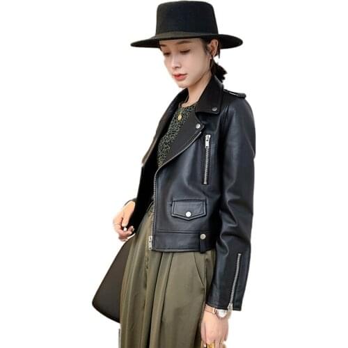 Genuine Leather Jacket Women Black Motorcycle Short Real Sheepskin Leather Jacket Female Slim Coat Outwear chaqueta mujer
