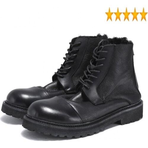 Winter Fur Warm Safety Men Brand Casual 100% Real Leather Lace Up Boots 2021 Retro Black High Top Cotton Shoes Male
