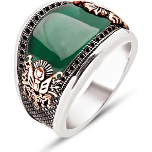 Silver Custom Cut Green Agate Men 'S Ring