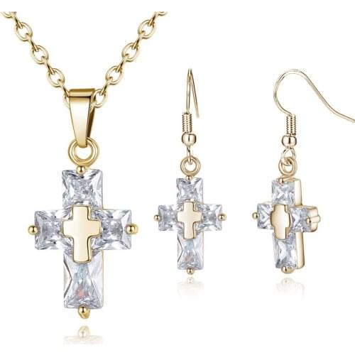 CiNily Gothic Cross Jewelry Set 3 Colors Big Clear Crystal Christian Cross Earrings Necklace Chain Pendant Charm Birthday Gift