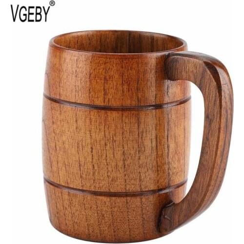 Natural Wooden Beer Cup Retro Big Capacity Tea Water Classic Wood Drinking Mug with Handle Coffee Beer Mug
