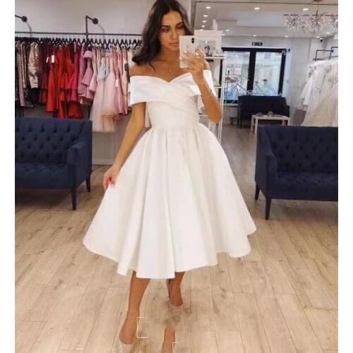 Simple Short Wedding Dress Satin Knee Length 2021 Pleat Off Shoulder Bridal Gown For Women Brides Elegant Cheap Robe De Mariee