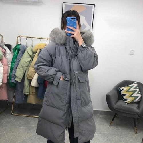 Luxurious Fox fur collar Fur Collar+White Duck Down Jacket Coat Womens Winter Warm Thick Parka Jacket Hooded Loose mid-length