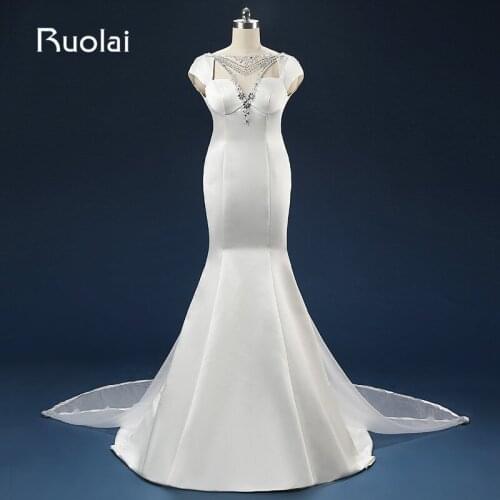 Special Design 2019 Real Satin Mermaid Wedding Dress Boat Neck Detachable Train Tulle Bridal Wedding Gown vestido novia ASAFN63