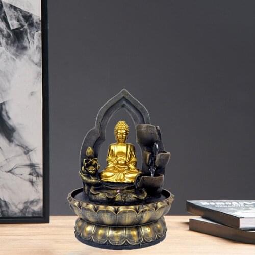 PLugResin Water Waterfall Led Lights Fountain Buddha Resin Statue Lucky Feng Shui Ornament Landscape Home Decorations EU Plug