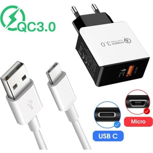 QC3.0 Quick Charge USB Adapter For Samsung galaxy A32 M12 A10 Honor 9X 9A 7A Redmi Note 10 9 Pro Type C fast Charger Micro Cable