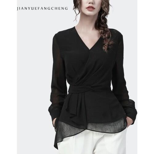 2021 Early Autumn New French Style Elegant Black Chiffon Blouse Women Long Sleeve V-Neck Tunic Shirt Fashion Office Ladies Tops