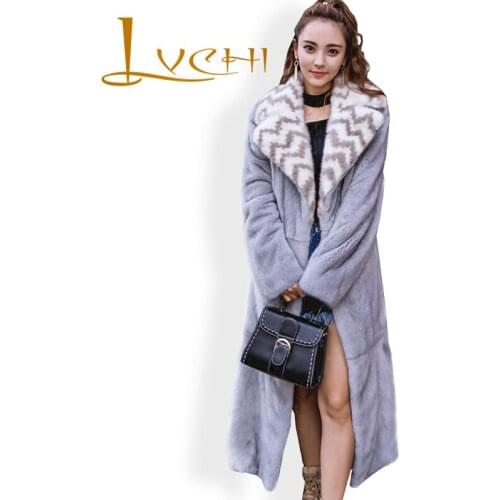 LVCHI 2019 Female Cold Coat Maxi Mink Fur Wave Cut Turn-down Neck Fashion OL Casual Loose Autumn Winter Full Pelt Warm Overcoat