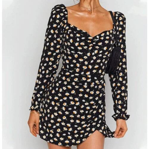 Women sukienka floral print mini dress irregular autumn full sleeve square collar chic dress high waist sexy dress women vestido