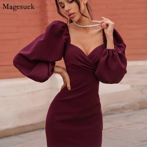 Spring Summer 2021 Dress Women Vintage Puff Sleeve Blue Red Midi Dress Female Bodycon Casual Sexy Ladies Dresses Vestidos 12776
