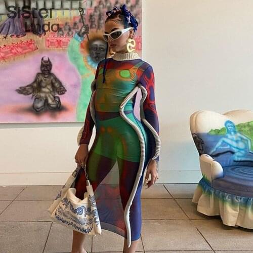 Sisterlinda Aesthetic Print Sexy Mesh Patchwork Y2K Dresses Womnen Long Sleeve Street Clubwear Female Party Vacation Activewear