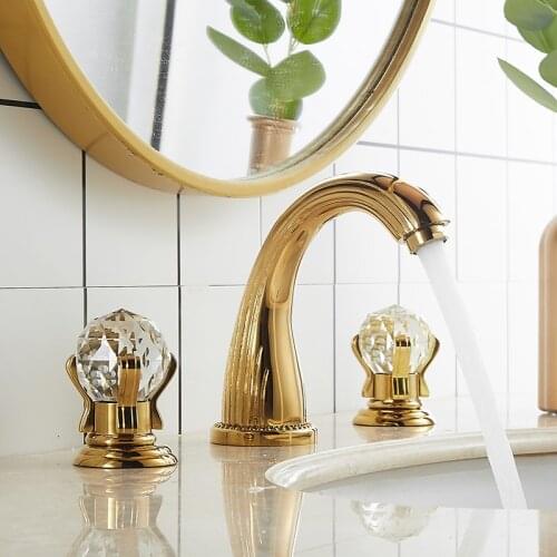 Tuqiu Basin Faucet Gold Bathroom Sink Faucet 3 Hole Widespread Basin Mixer Hot And Cold Brass amd Crystal Water Tap New