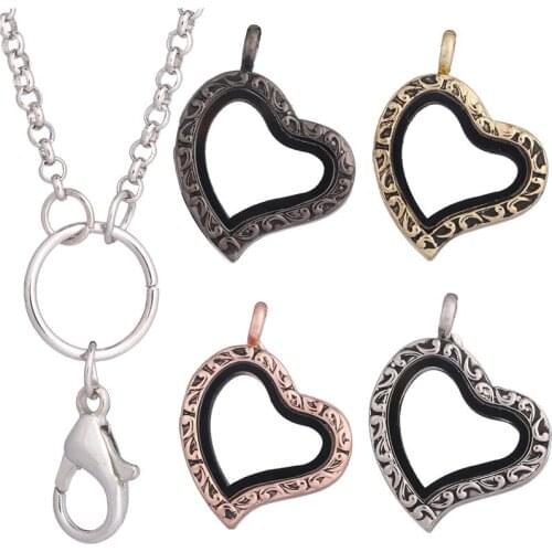 1pcs Vintage Rhinestone Alloy Glass Locket Heart Living Memory Floating Pendant Chain Women Necklaces Men Wedding Gift Jewelry