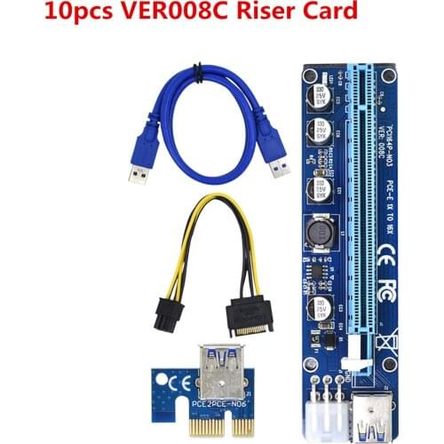 10pcs VER008C Molex 6 pin PCI Express PCIE PCI-E Riser Card 008C 1X to 16X Extender 60cm USB3.0 Cable for Mining Bitcoin Miner