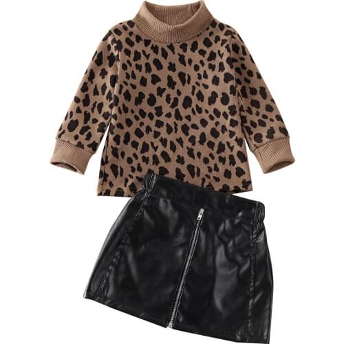 2PCS Boutique Toddler Kids Baby Girl Clothes Leopard print Turtleneck Sweater Tops +Pu Skirt Outfit Set 1-5Y
