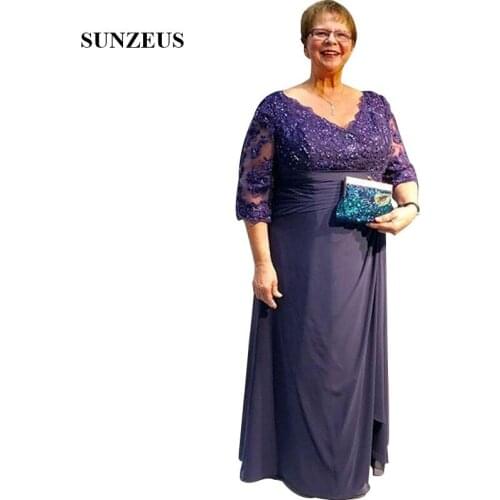 2019 Long Chiffon Mother Of The Groom Dress With Half Sleeves A-line V-neck Appliques Bride Mother Dress Navy Blue Formal Gowns