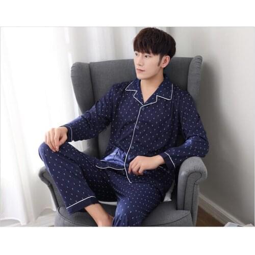 2019 new arrival fashion men sleeping cloths turn-down collar dark blue polka dot print coat free shipping