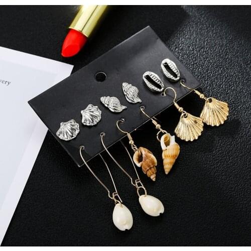 6 pairs/set new trendy golden metal statement earrings boho natural seashell conch dangle drop earrings for women girl