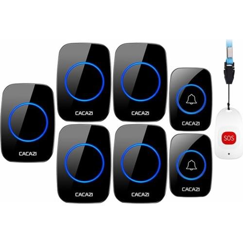 CACAZI Smart Home Wireless Pager Doorbell Old man Emergency Alarm Call Bell US EU UK Plug 80m Remote 2 button 1 pager 5 Receiver