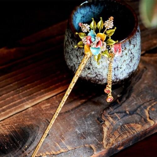 Floral Enamel Hairpin Jewelry Retro Rhinestone Banquet Hair Stick Pin Ladies Jewelry Hair Accessories Wedding Accessories Bride