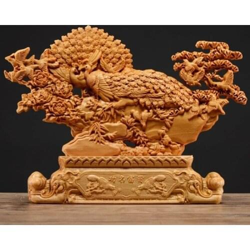 Thuja Wood 25CM Rich Peacock Sculpture Decorative Dish Hollow Wood Wealth Carving Lucky Gift Animal Collection Home Decor