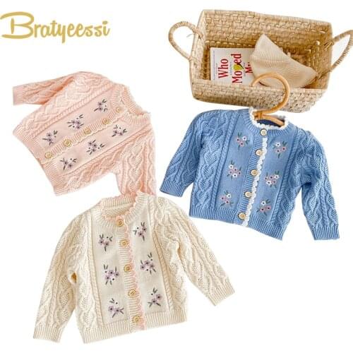 New Embroidery Baby Sweater for Girls Cotton Knit Kids Cardigan Sweaters Children Outerwear Autumn Winter Toddler Infant Coat