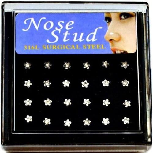 316L Surgical Stainless Steel Heart Star Sun Flower Rhinestone Nose Stud White/ Colourful Gems Body Piercing Jewelry 24pcs/set