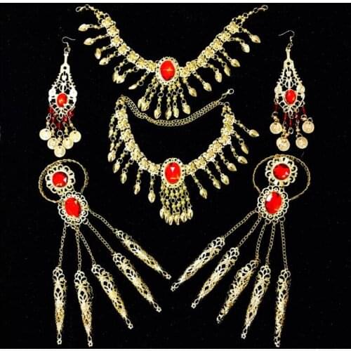 Indian Dancing Jewelry Girl Womens Belly Dance Red Necklace Set (Hair Decoration+Necklace+Earing+Finger)